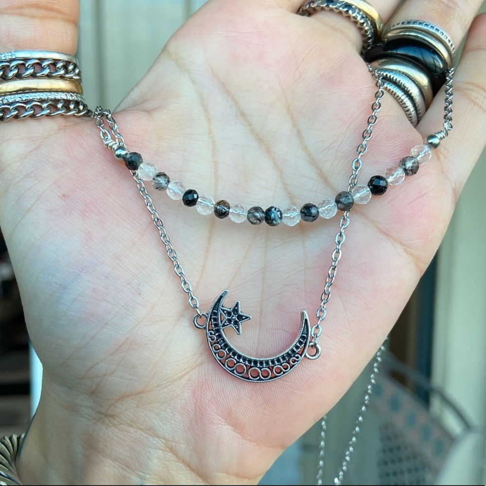 Double layer necklace moon star & druzy quartz - Picture 7 of 11
